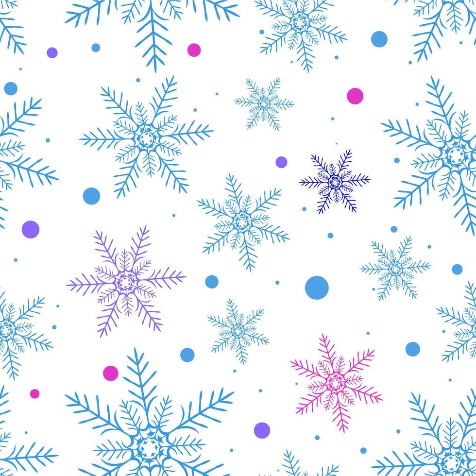 Blue, purple, and pink snowflakes in various sizes are arranged in a seamless pattern on a white background. The pattern includes scattered dots in matching colors, creating a festive and wintry vector