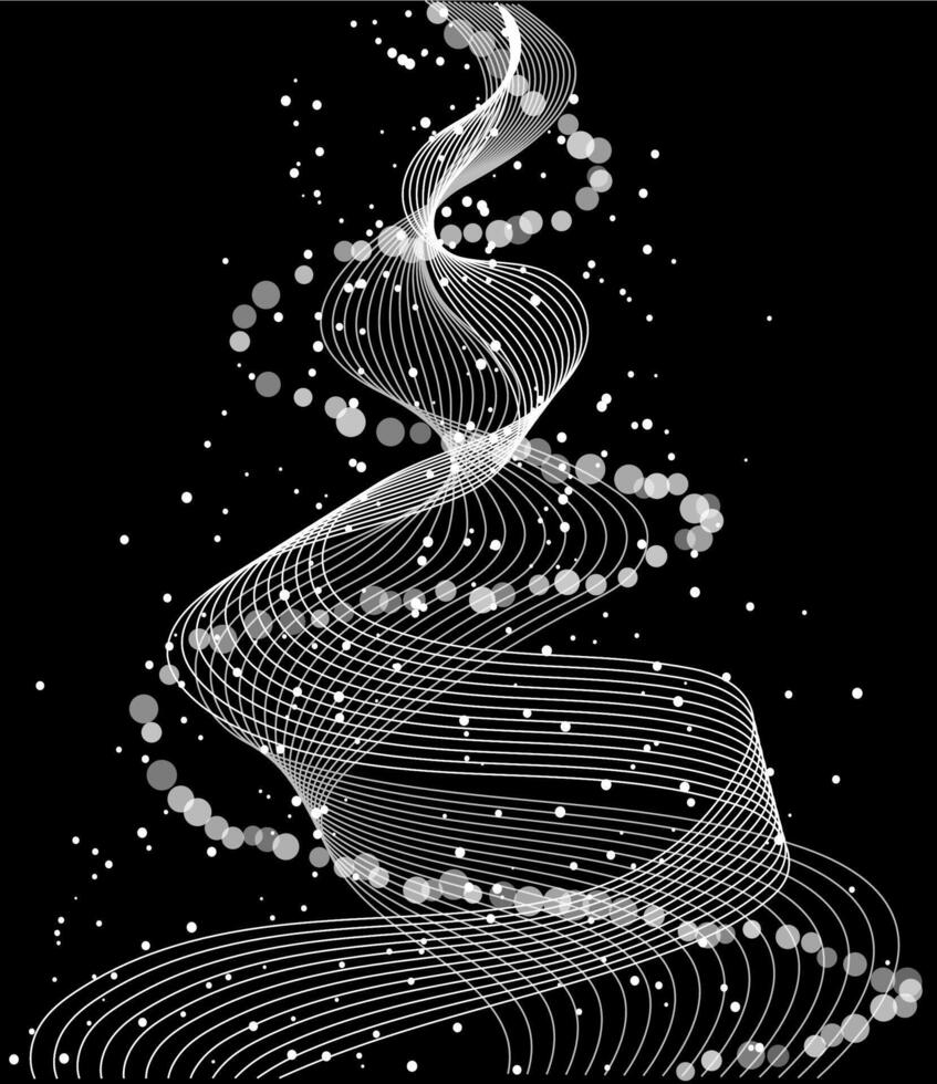 Abstract Christmas tree with swooping lines and circular decorations on a black background. Concept of modern holiday design and festive celebration. illustration vector