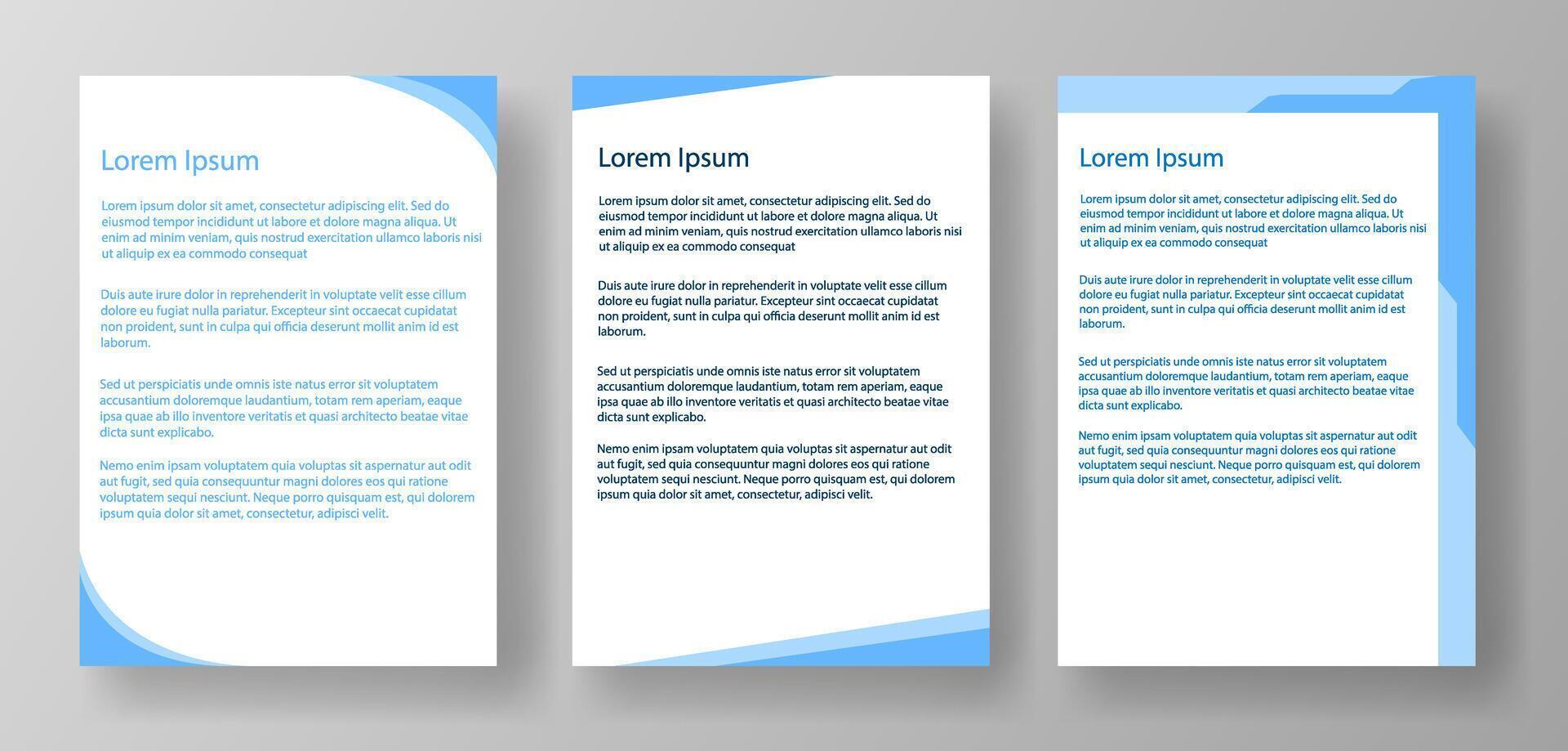 Three blue-themed document templates featuring Lorem Ipsum text. Modern and clean design on a gray background. Concept of document design templates, mockup a4 vector