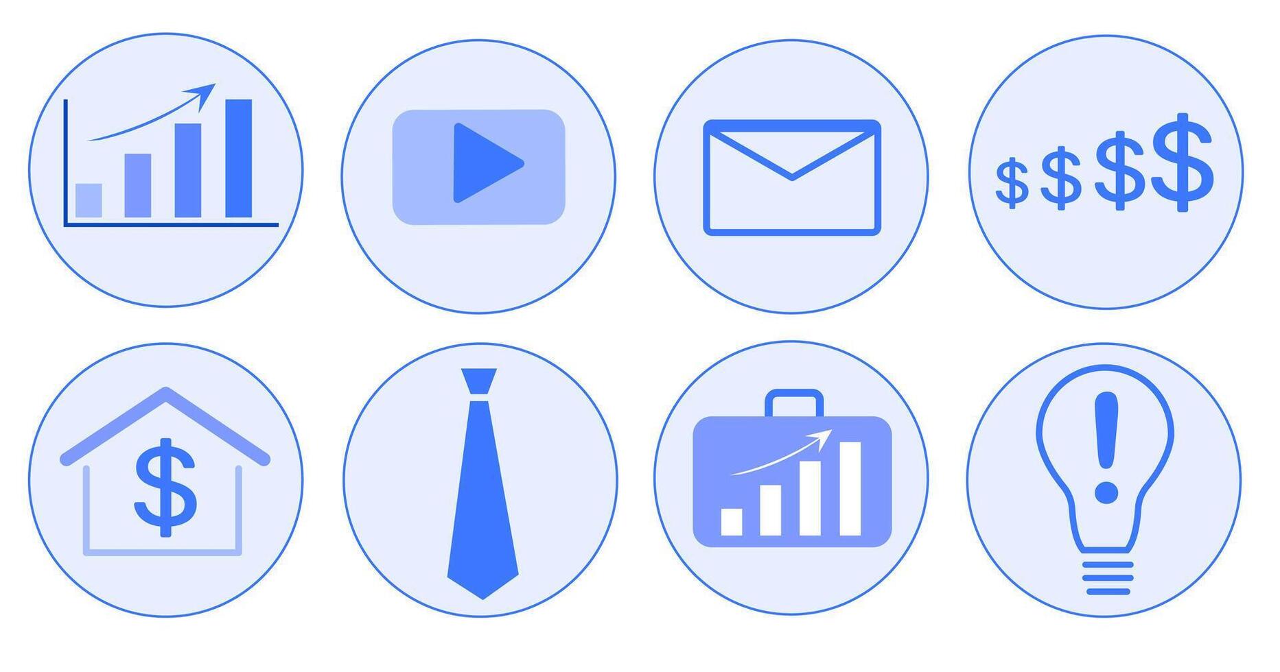 set of eight business-related icons in blue circles. The icons include charts, , email, dollar signs, house, tie, briefcase, and lightbulb, representing various business concept vector