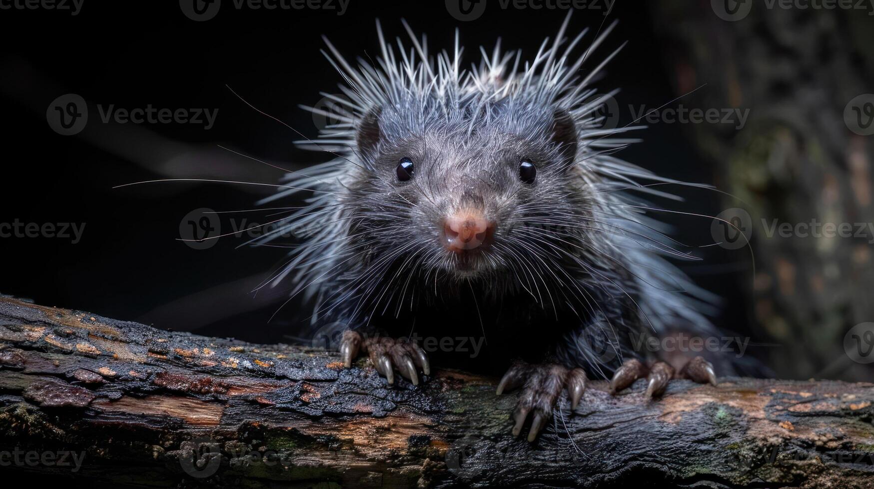 A close-up image of a badger on the edge of a log. photo