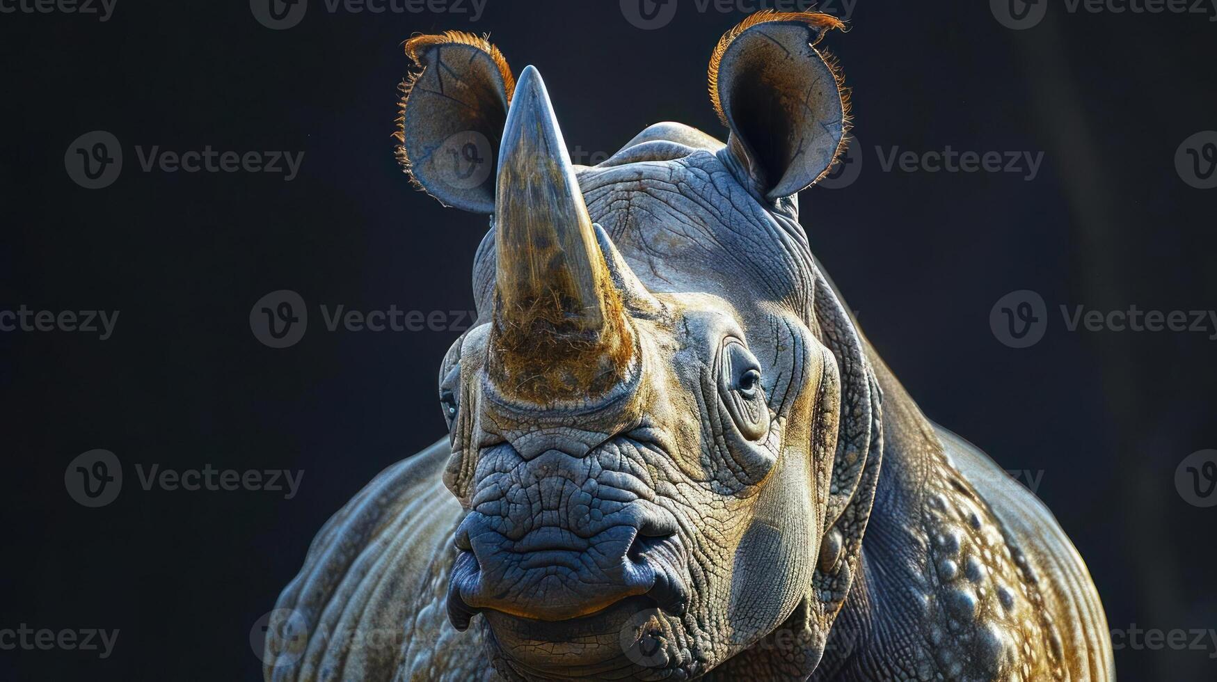 The rhino in is looking at the camera with a close-up view of its head and horns. photo