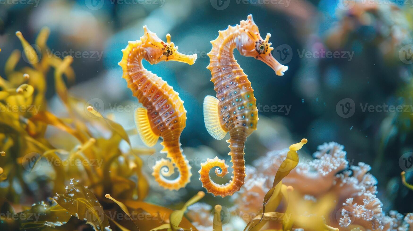 A vibrant underwater perspective showcasing a pair of rainbow-faced finfish swimming side by side, photo