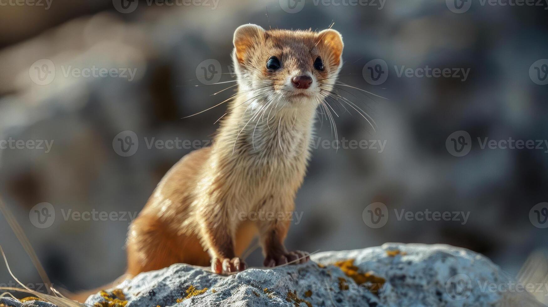 A baby badger peaks its head over a rocky outcrop, alert and curious. photo