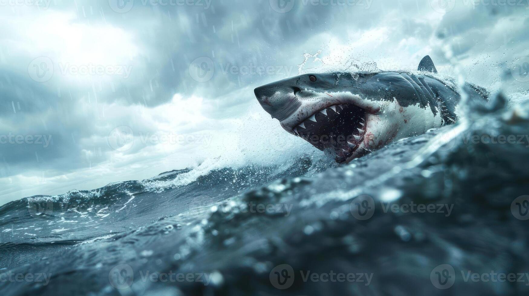 A large shark is captured in mid-attack on a person in the ocean. photo