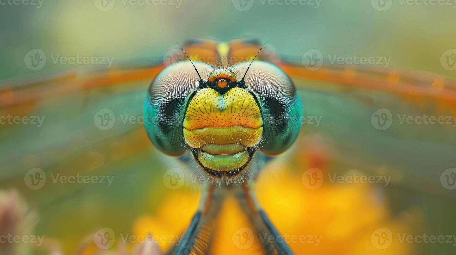 A closeup photo of a vibrant dragonfly with a patterned wing and blue, green, yellow,