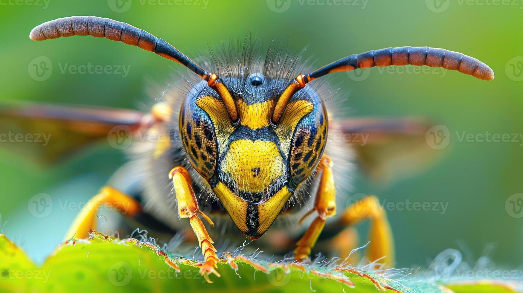 A bee is perched on a green plant, looking out with its front legs raised. photo