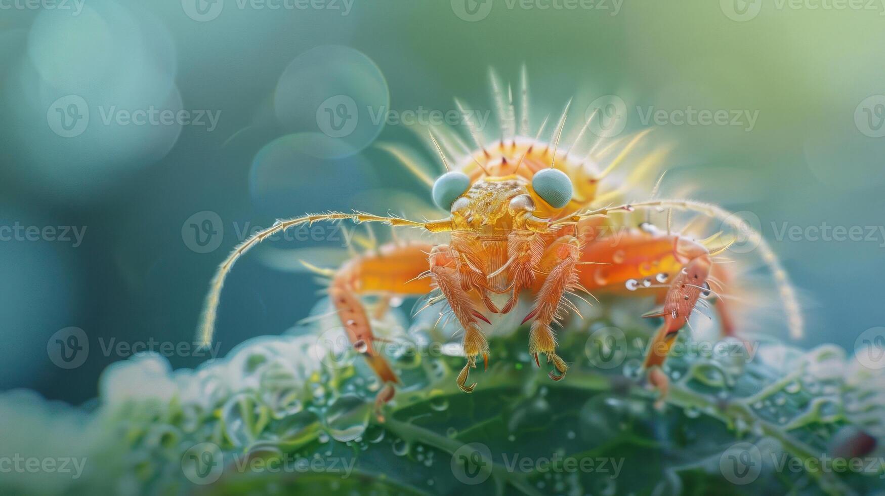 A close-up photo of a small, colorful ant on the tip of a green leaf, surrounded by a natural,