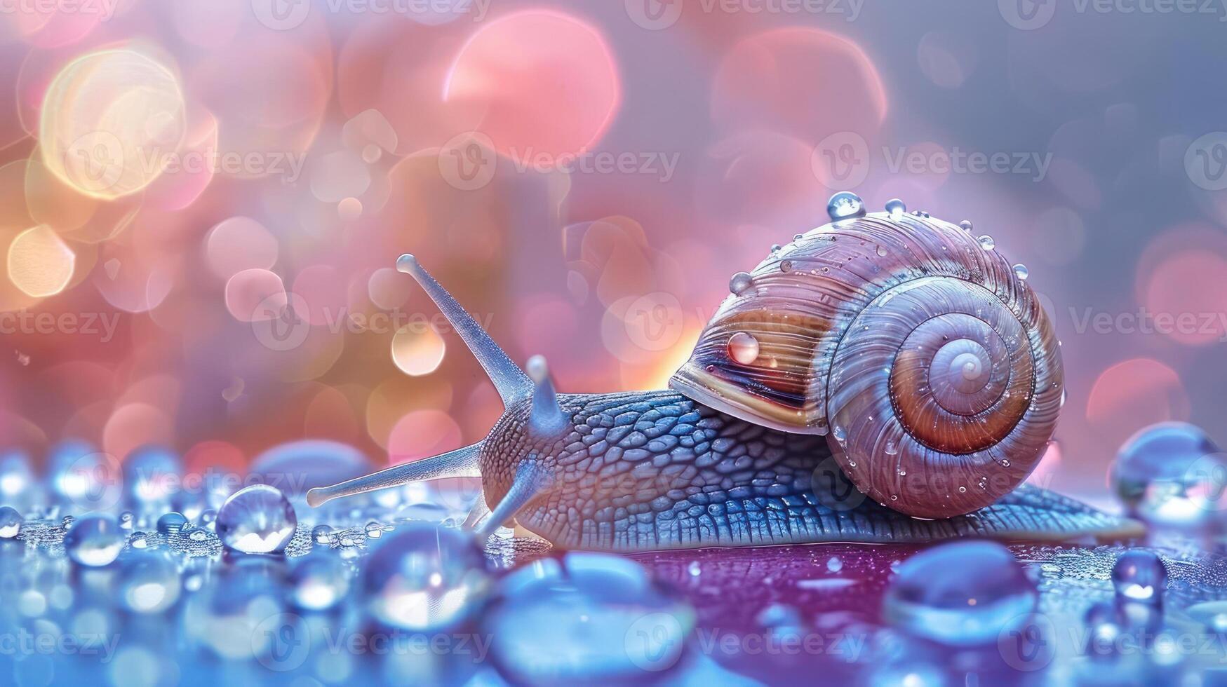 A glistening snail on a raindrop-speckled surface. photo