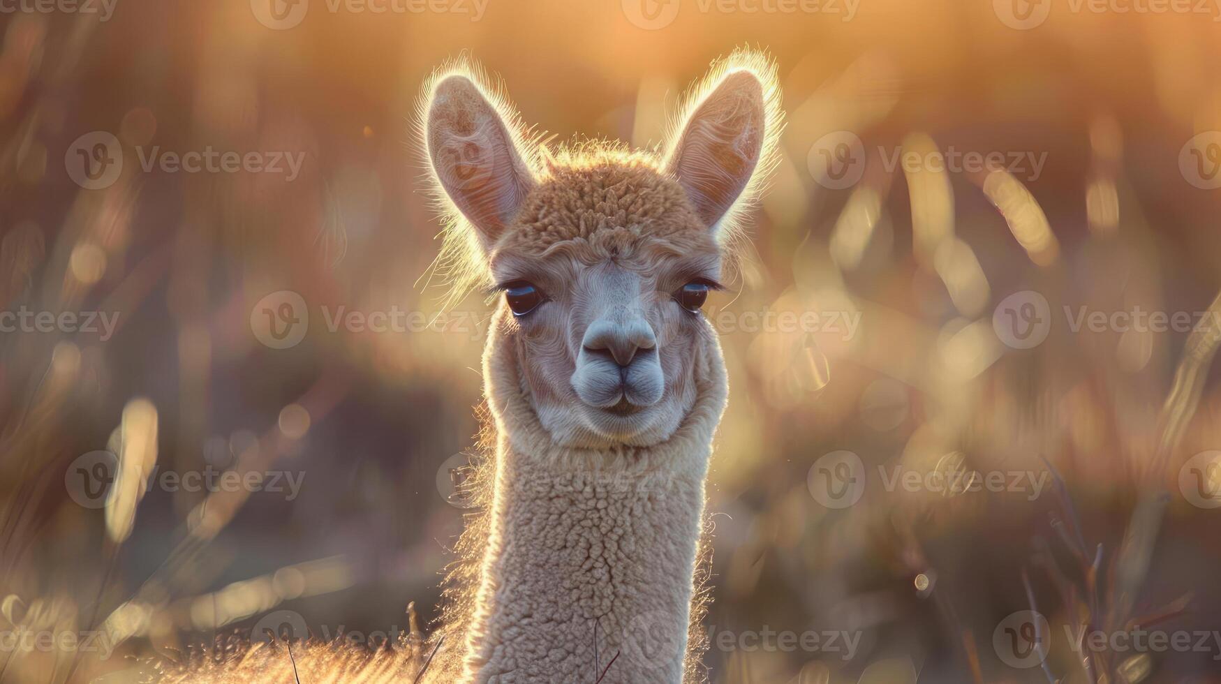 A serene sunset with a lone llama in the wild, silhouetted against a soft golden backdrop. photo