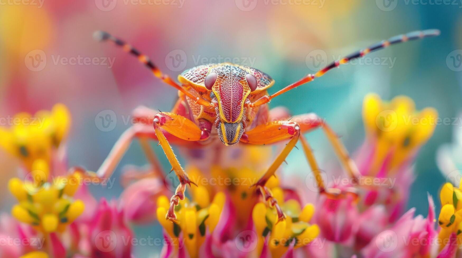 A vibrant pink insect with orange wings gracefully perches atop a colorful flower background. photo