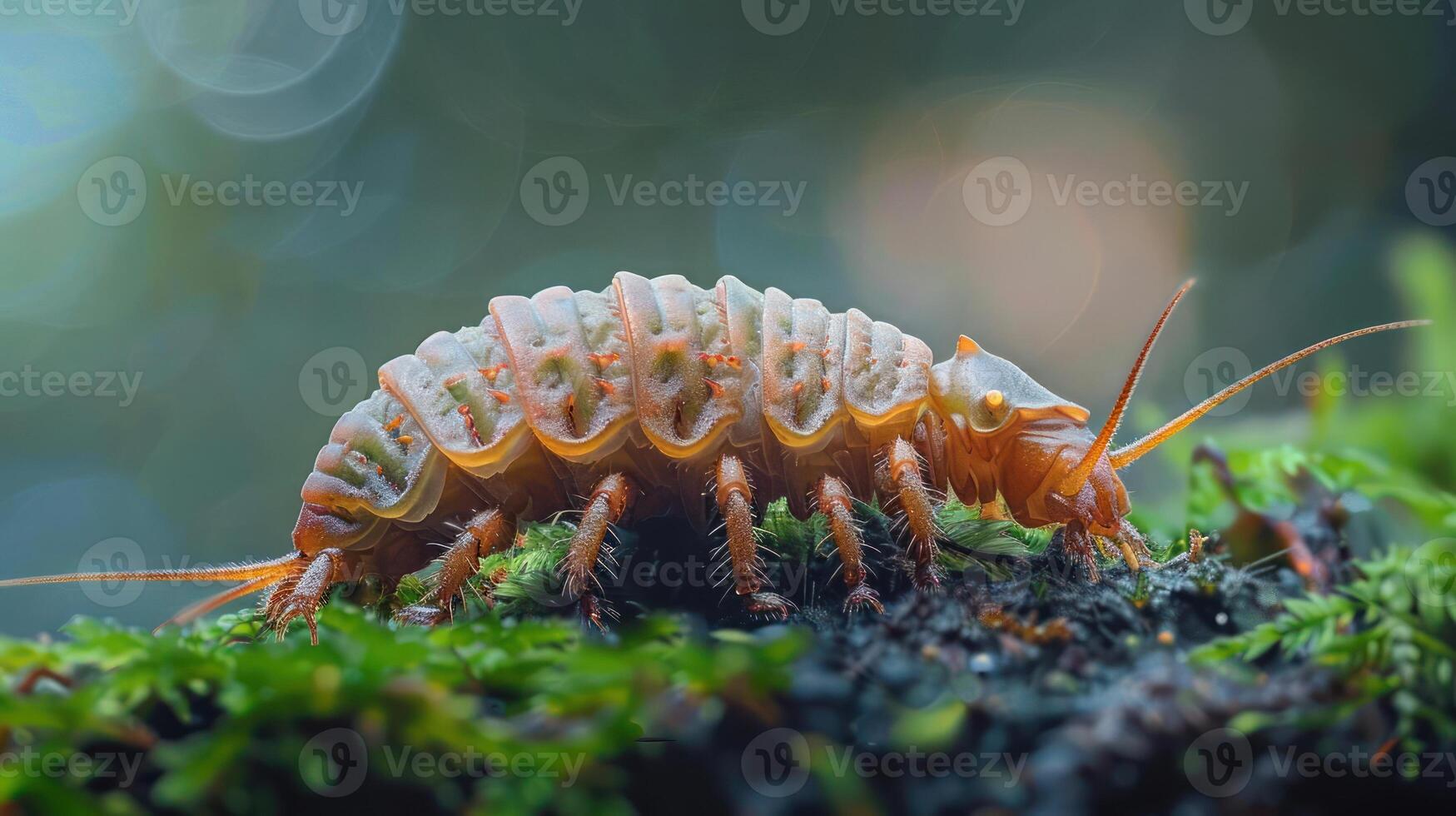 A close-up image of a colorful cockroach on moss with a soft bokeh background. photo