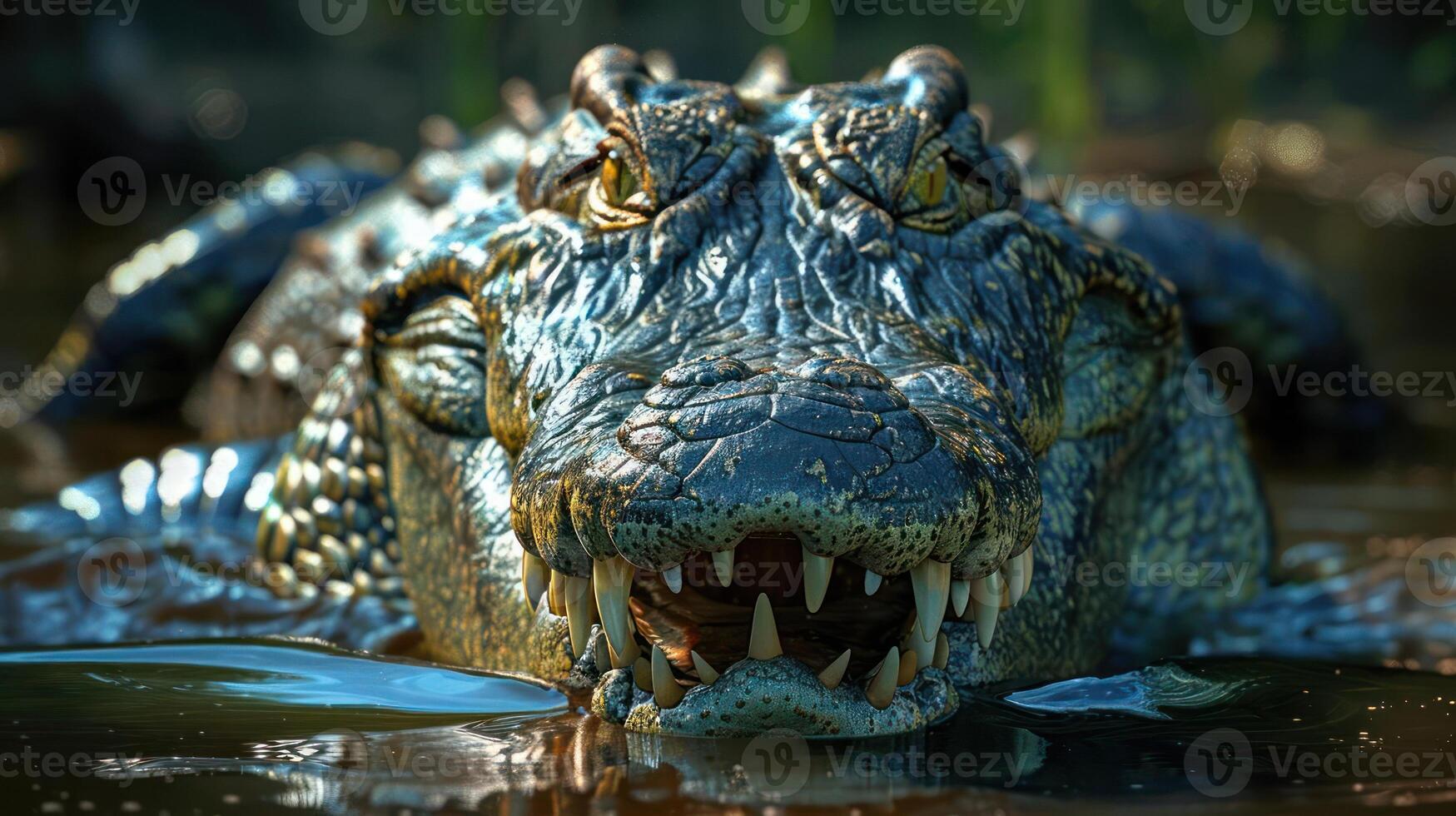 A close-up image of a crocodile's face showing its teeth and eyes, photo