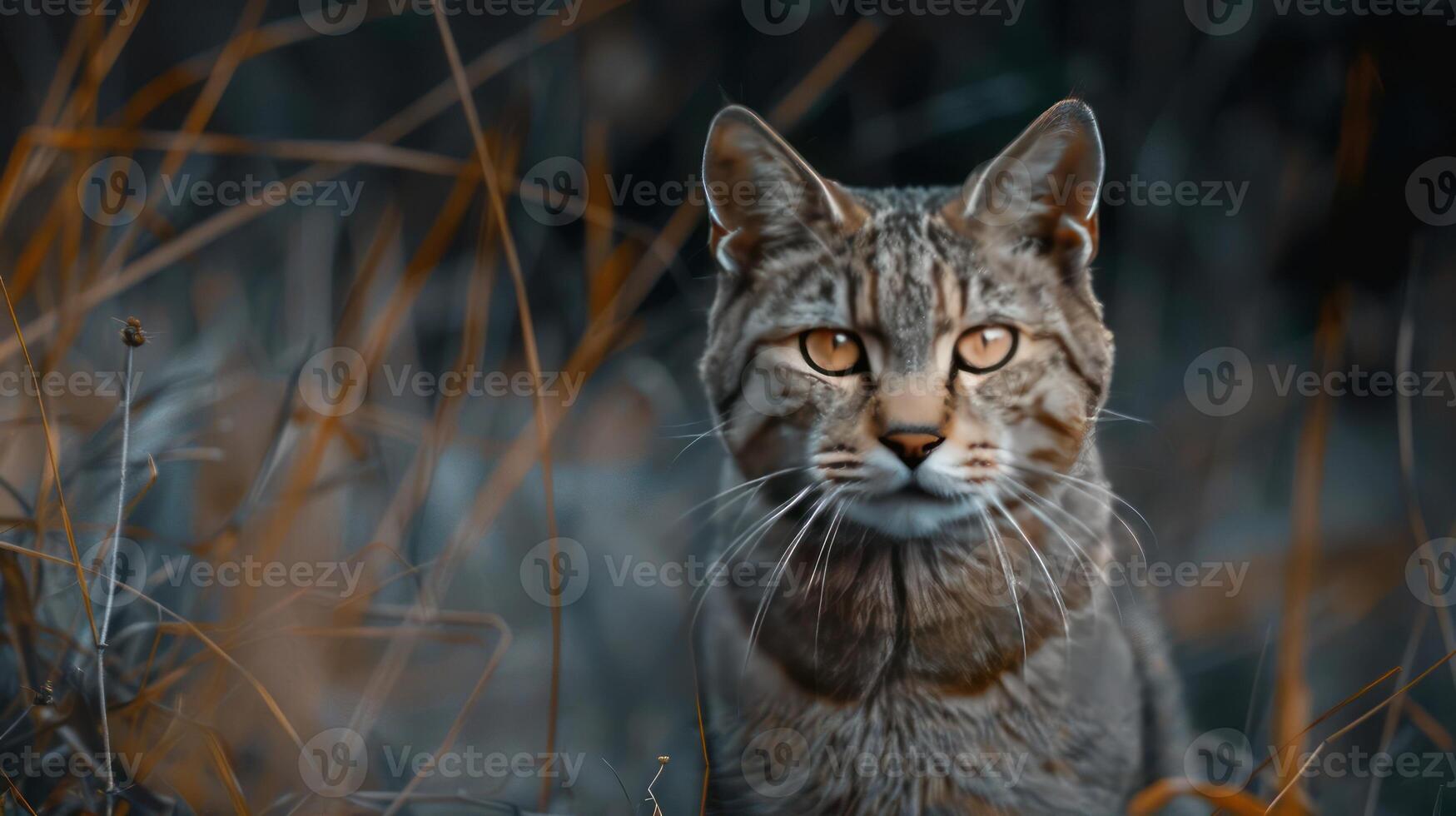A majestic, captivating tabby cat with piercing amber eyes stands amidst a forest setting, photo