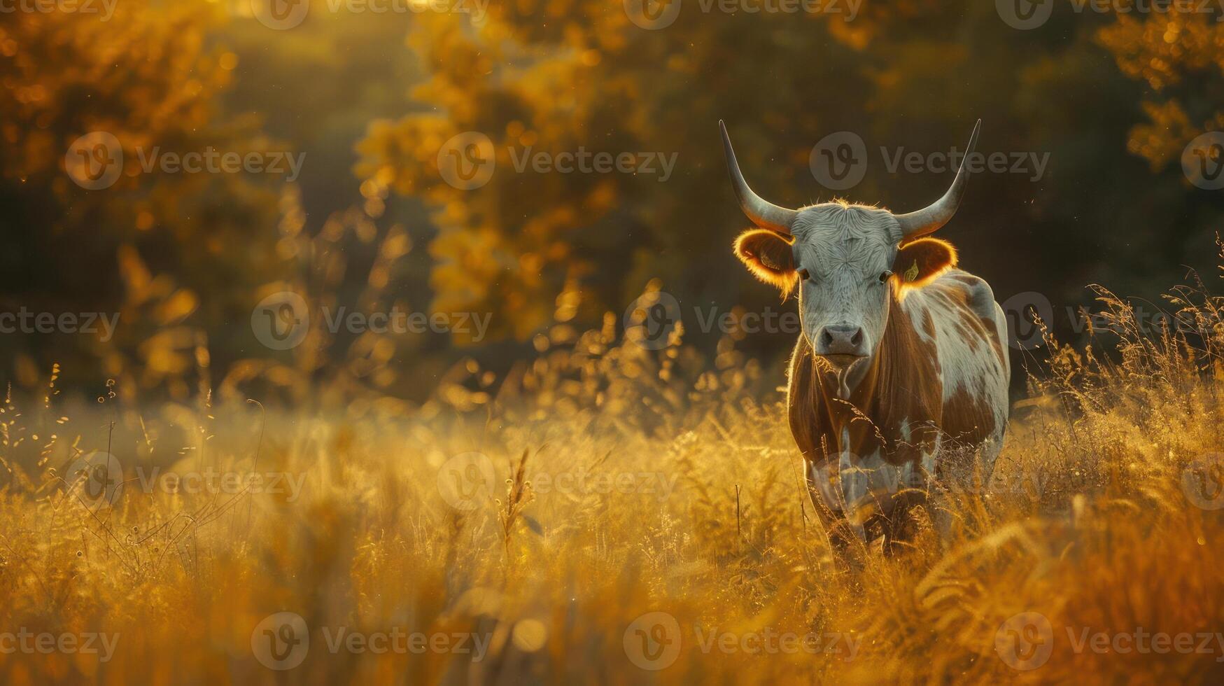 A majestic cow grazes in a field with tall grass, under the golden hues of the autumn sun. photo