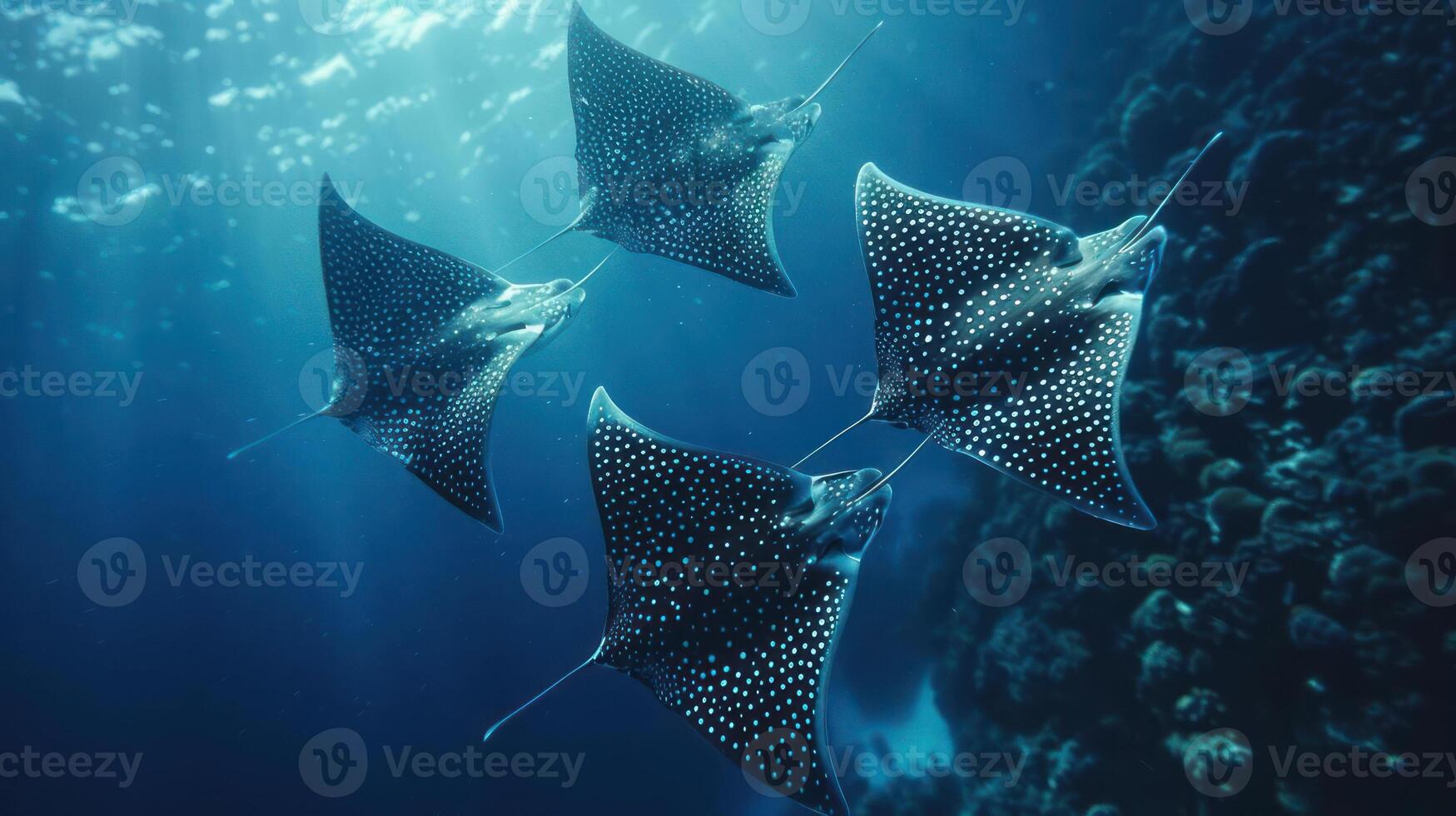 Scuba divers exploring underwater with stingrays and possibly manta rays. photo