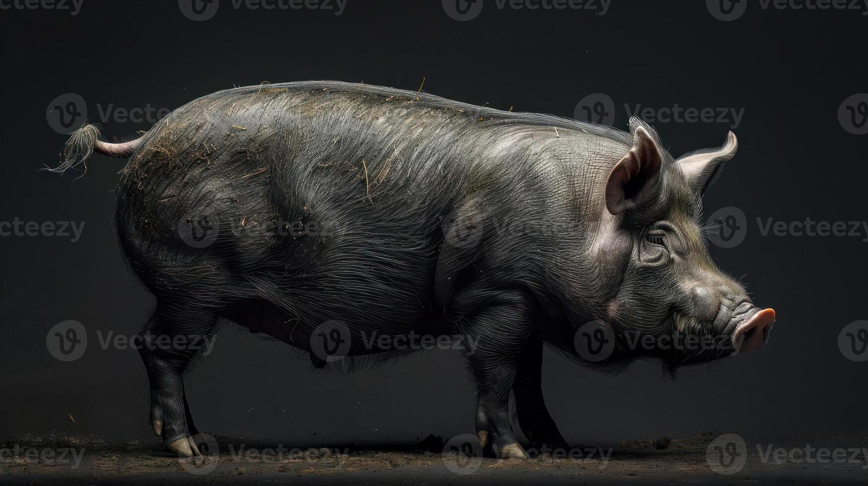 A pig walking on a floor, with a blurred background, creating a focus on the animal. photo