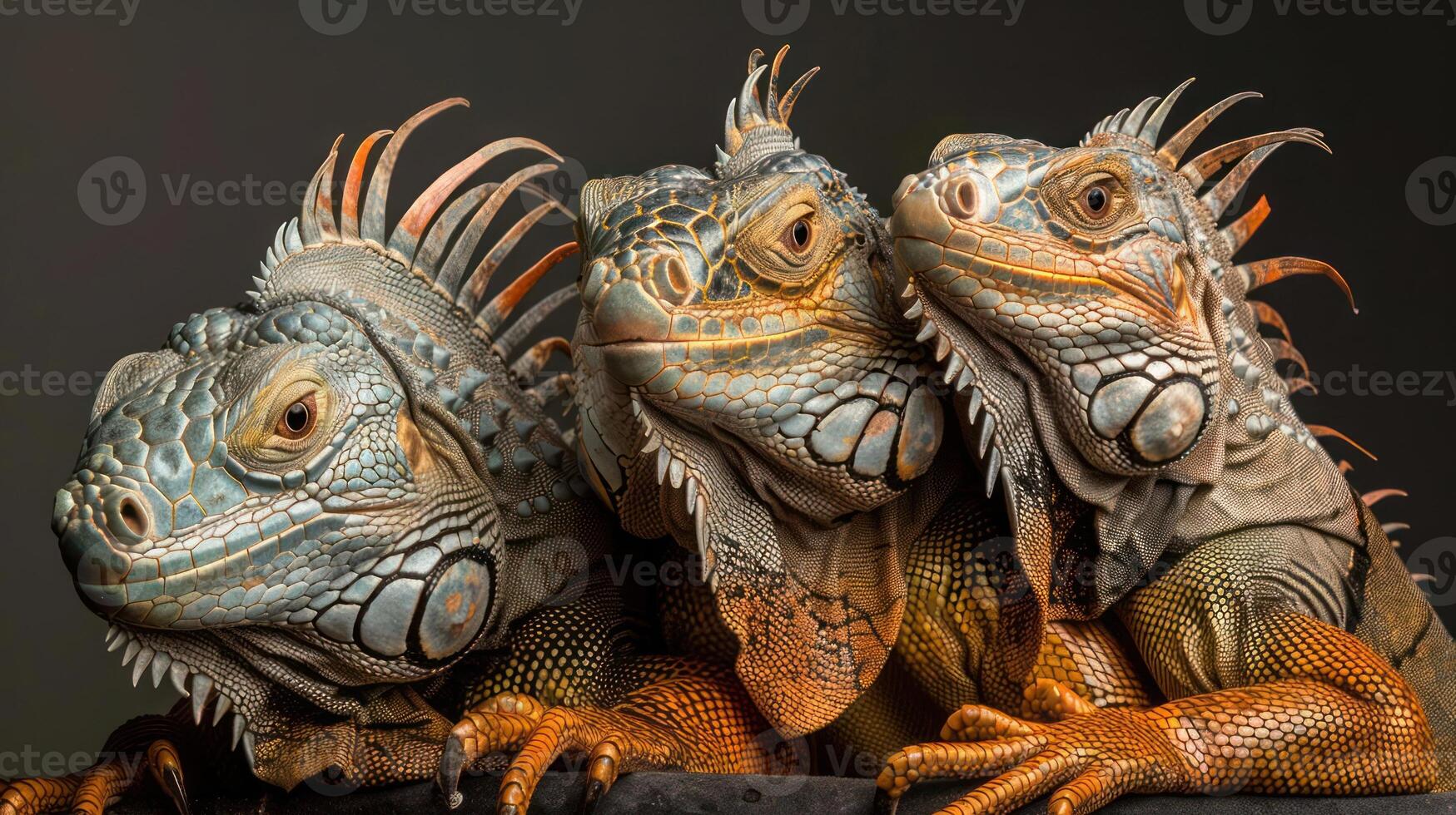 A group of three bearded dragons looking at the camera. photo