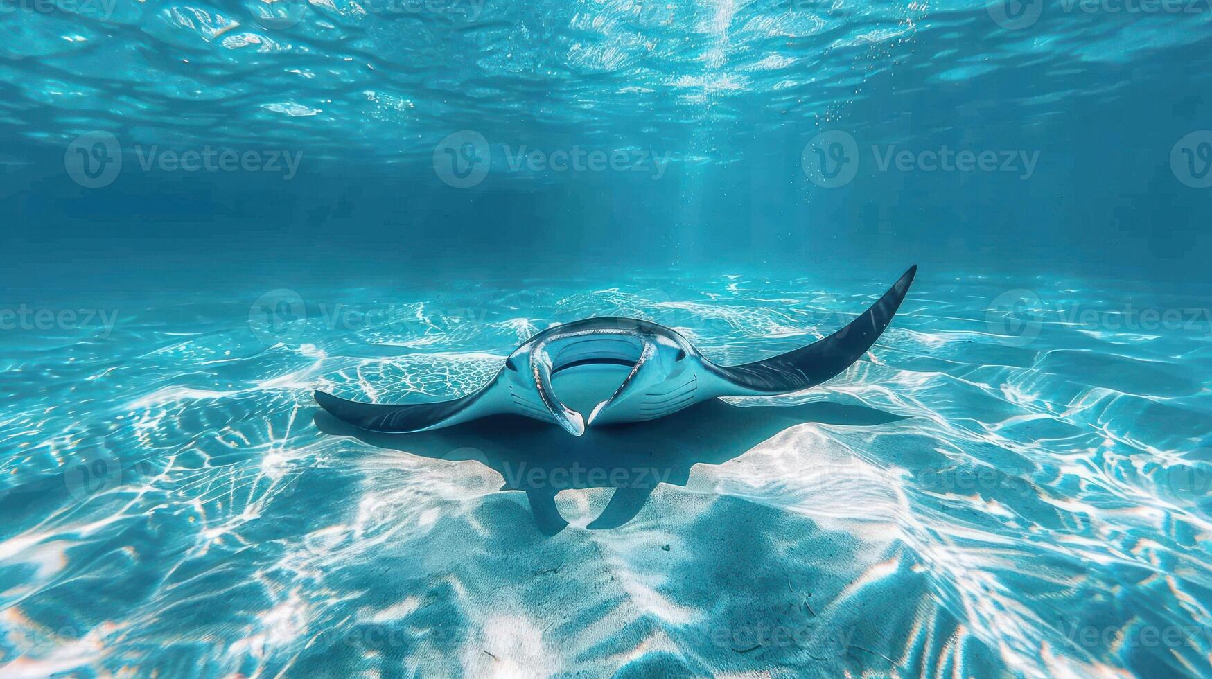 A stingray swimming through clear blue waters, with the ocean floor visible in the background. photo