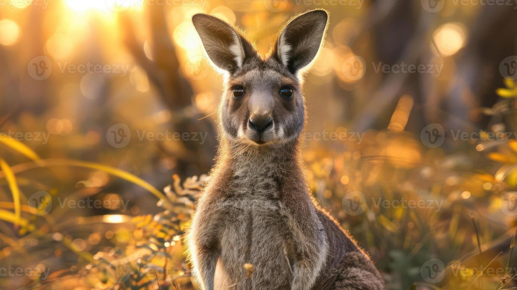A kangaroo sitting in the grass during a sunset with beautiful autumn colors. photo