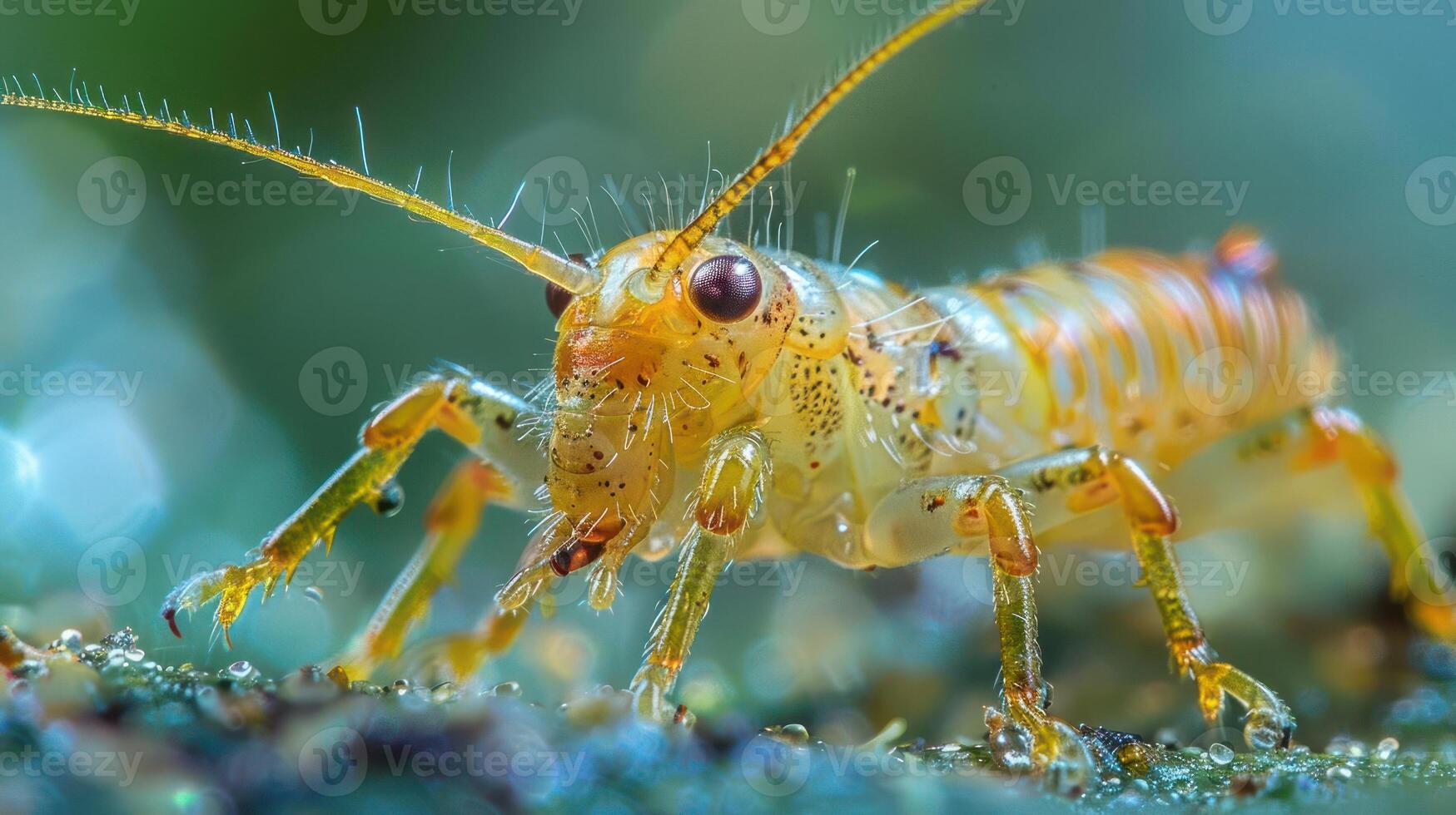 A close-up photograph of a bright yellow grasshopper perched on a green leaf with droplets of dew, photo