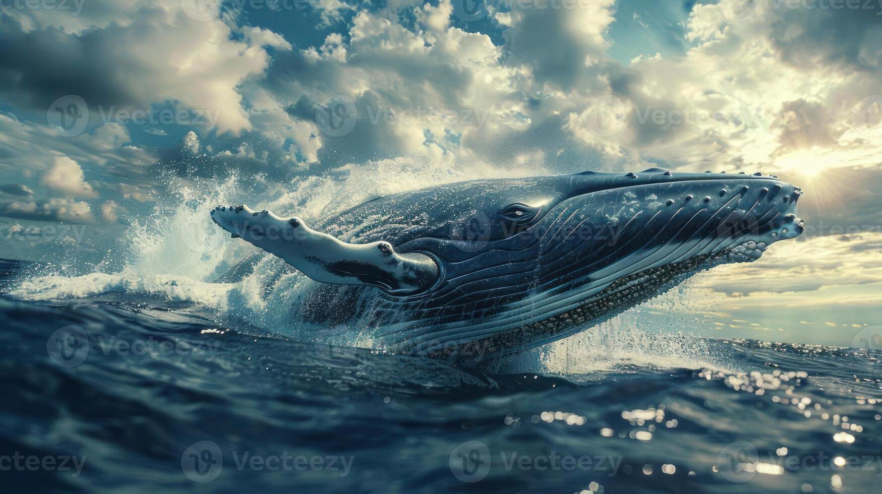 The majestic creature leaps from the water, creating a spectacular spray in its wake. photo