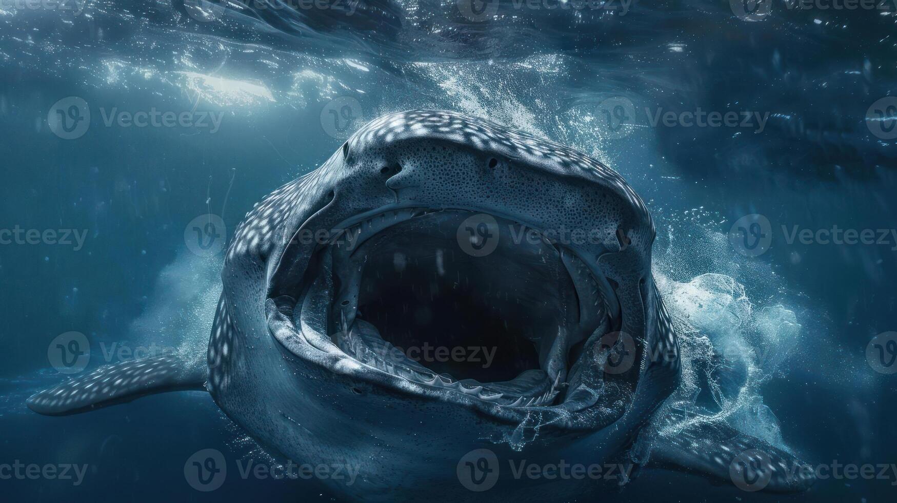 Large predatory shark in the ocean, looking upward towards the camera with its mouth open. photo