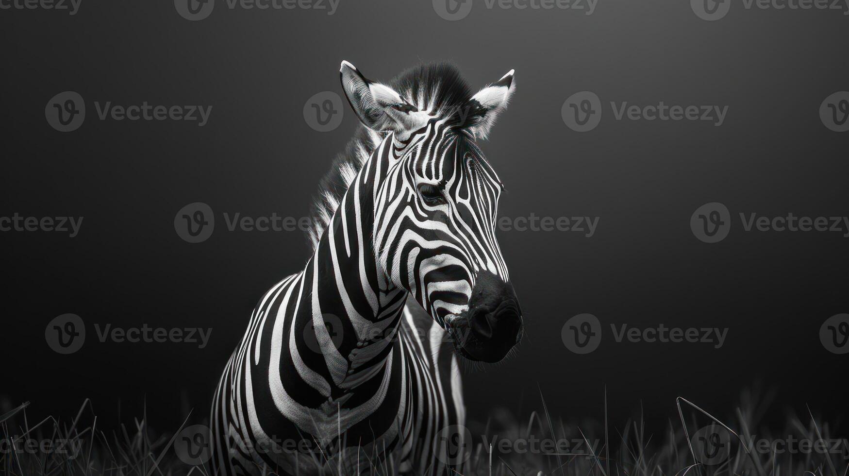 Black and white zebra in a profile stance, standing against a black background. photo