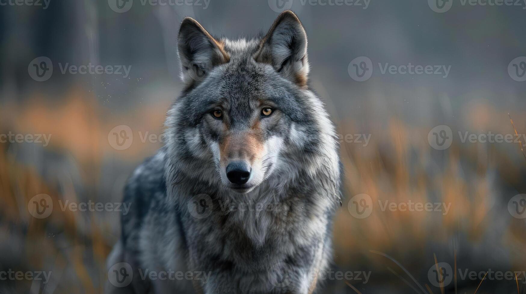 A wolf stands alert in the woods, its eyes focused on something beyond the frame. photo