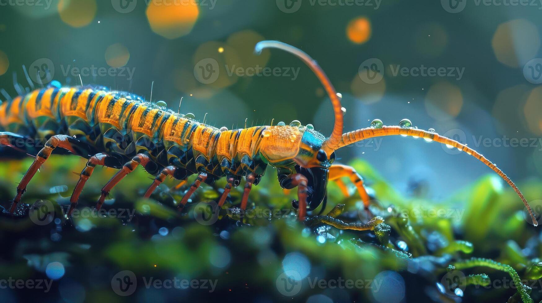 A close-up image of a vibrant yellow and orange praying mantis set against a blurred background with photo
