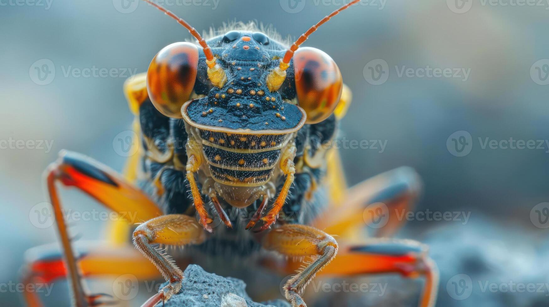 a close-up image of an orange, red, yellow, and black bug perched on rocks. photo