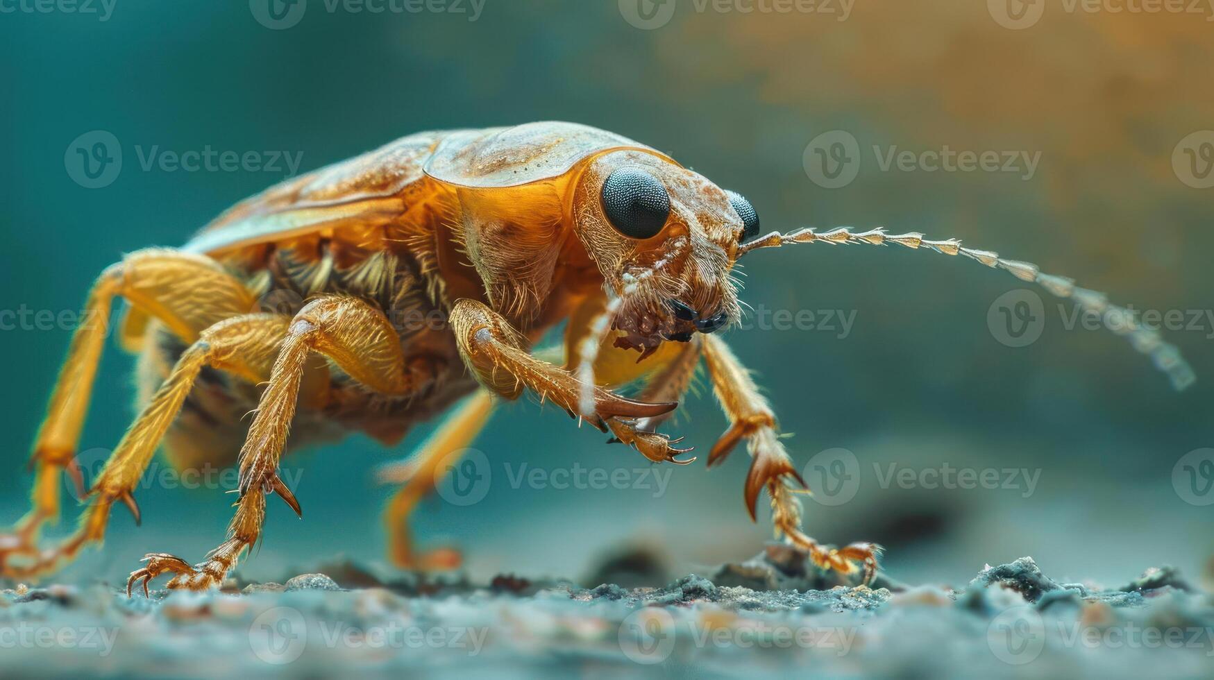 A brown beetle walking across the road with its antennae and legs extended, photo