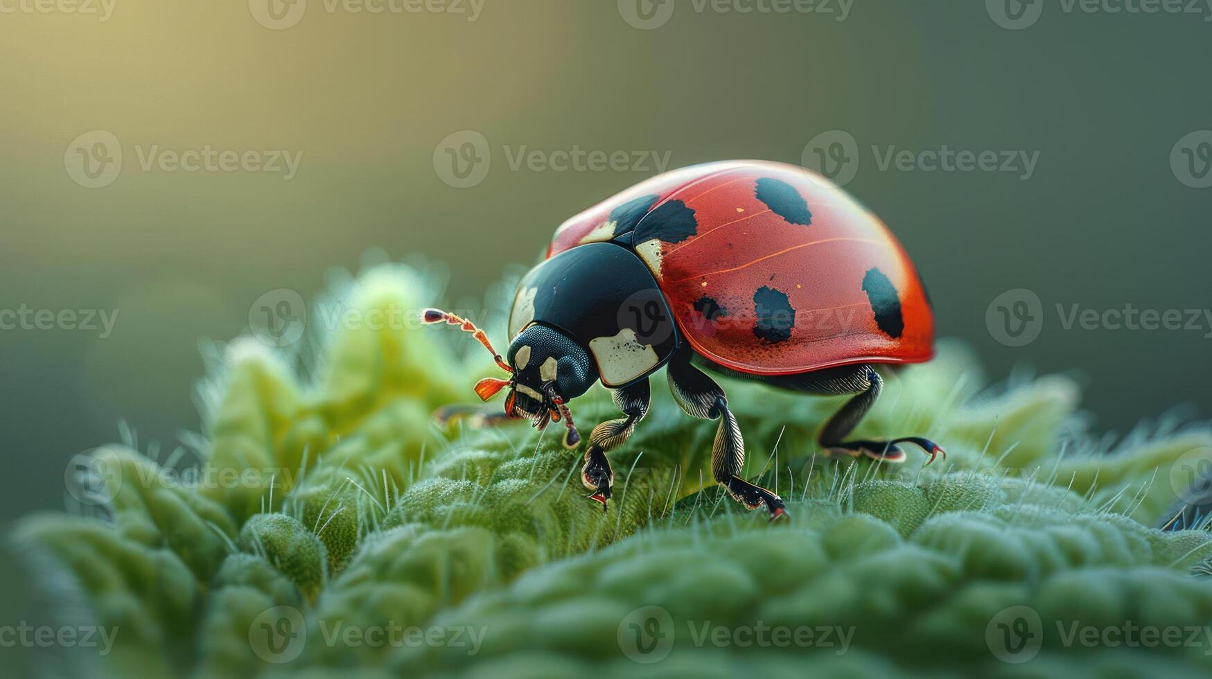 A red and black ladybug is perched on the leaves of a green plant, photo