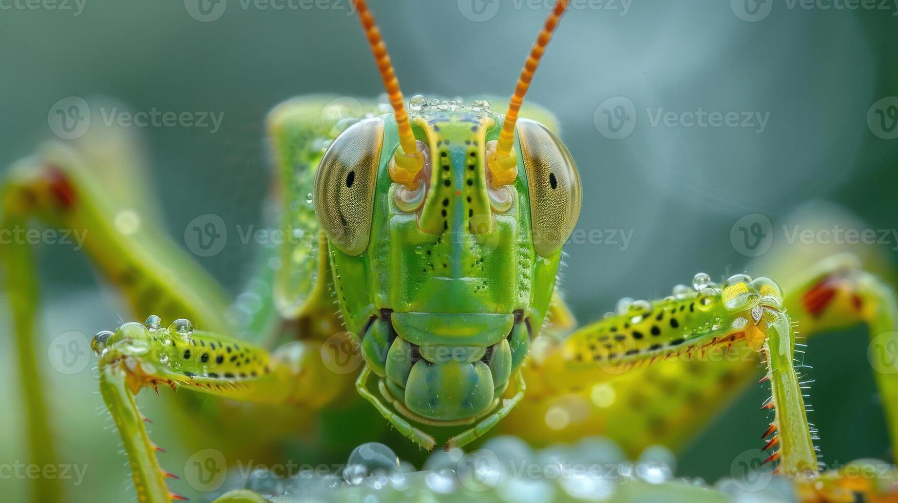 Green insect with orange antennae and eyes, perched on a green surface that has dew droplets photo