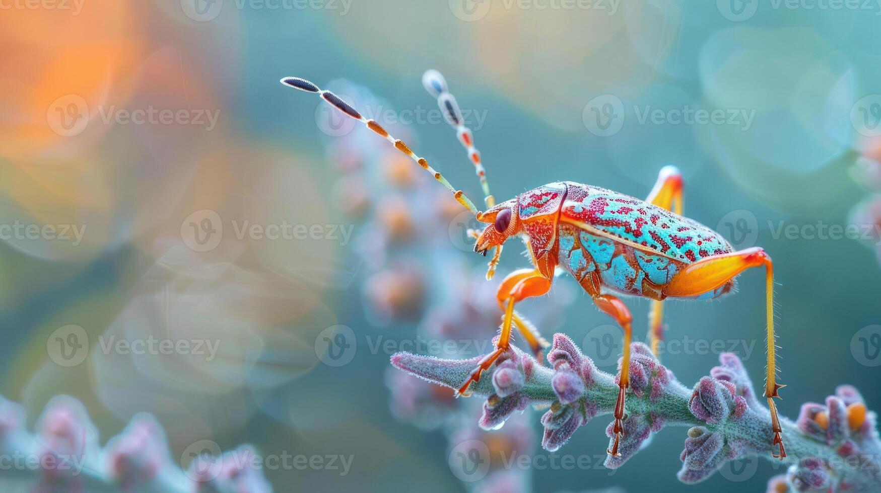 a close-up photo of a brightly colored beetle perched on the edge of a flower petal,