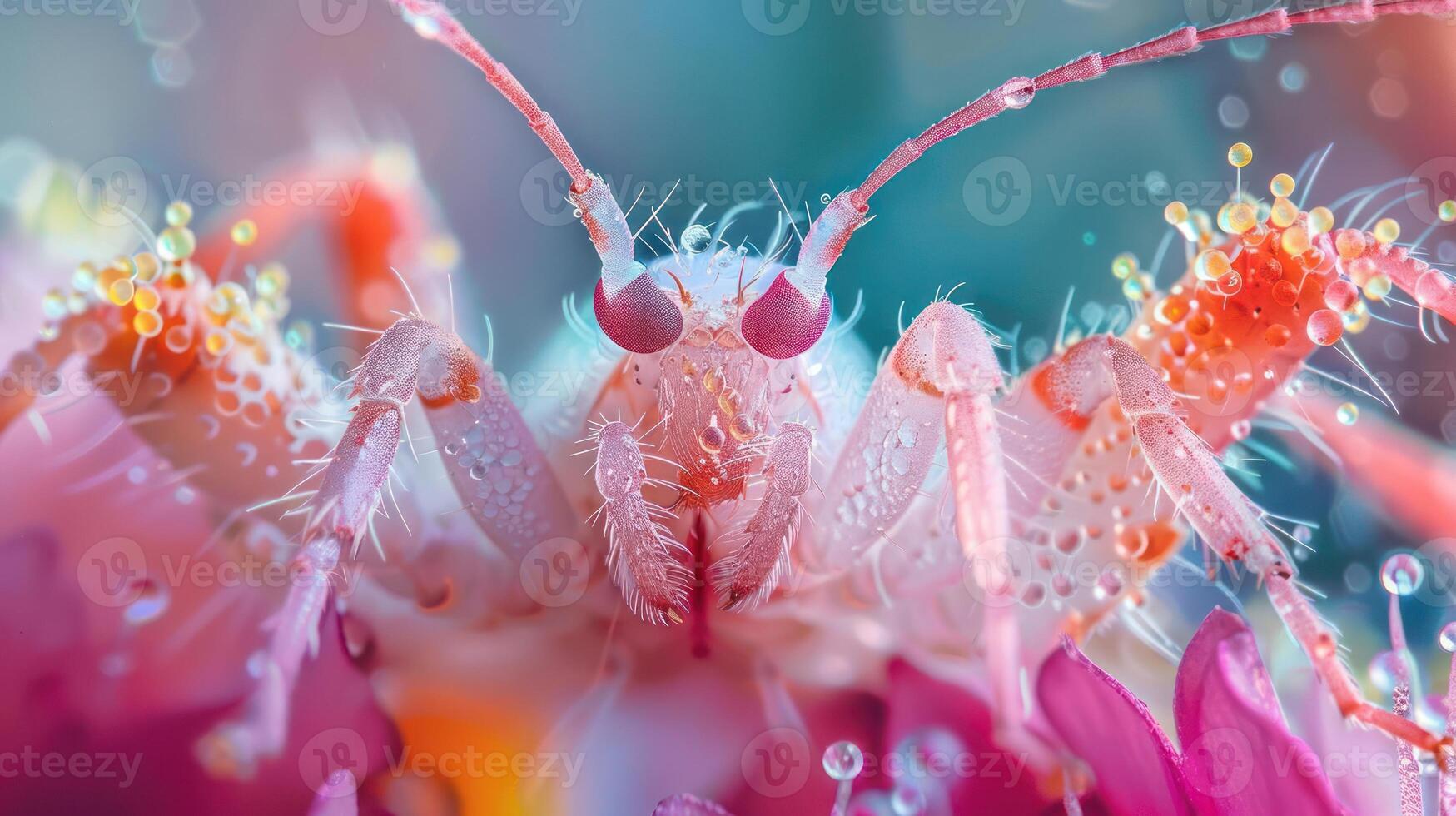 A vividly colored pufferfish with pink scales surrounded by underwater marine life. photo