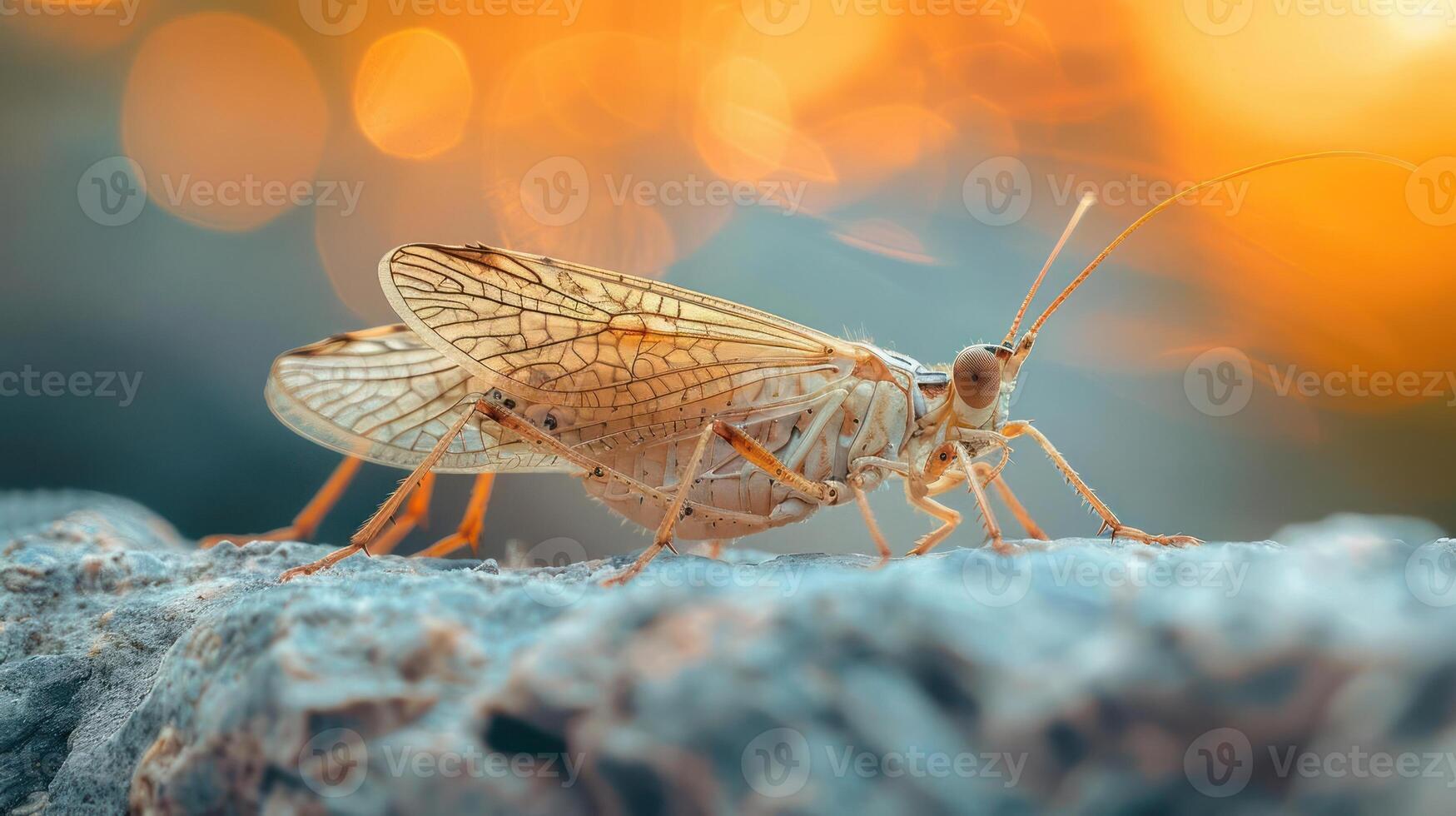 A close-up of a dainty grasshopper on a stone surface. photo