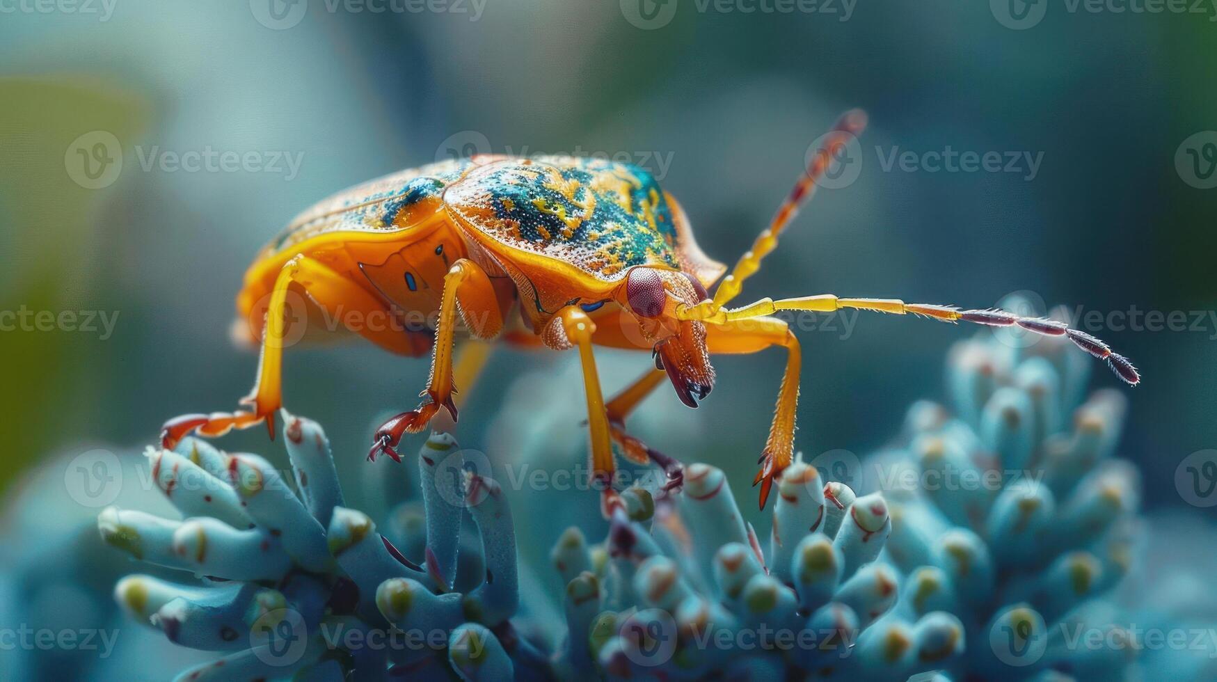 A green and yellow bug on a blue flower. photo