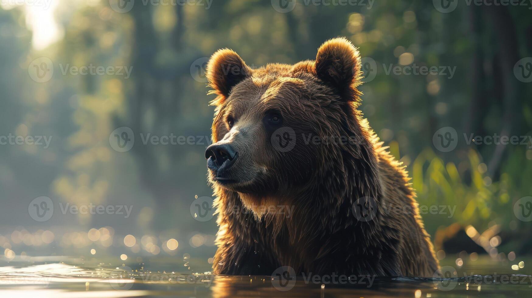 A brown bear standing in the water with its head out, looking forward. photo