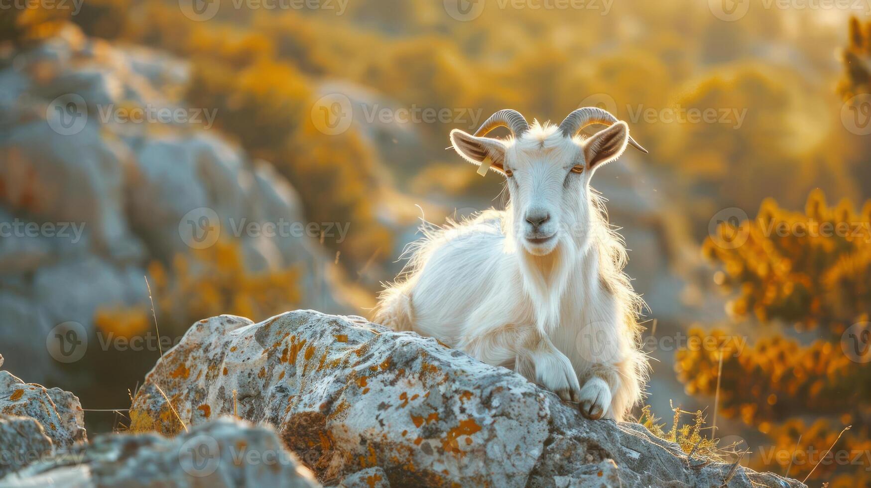 A mountain goat with horns gazes towards the sun during a beautiful sunset on a rocky cliff. photo