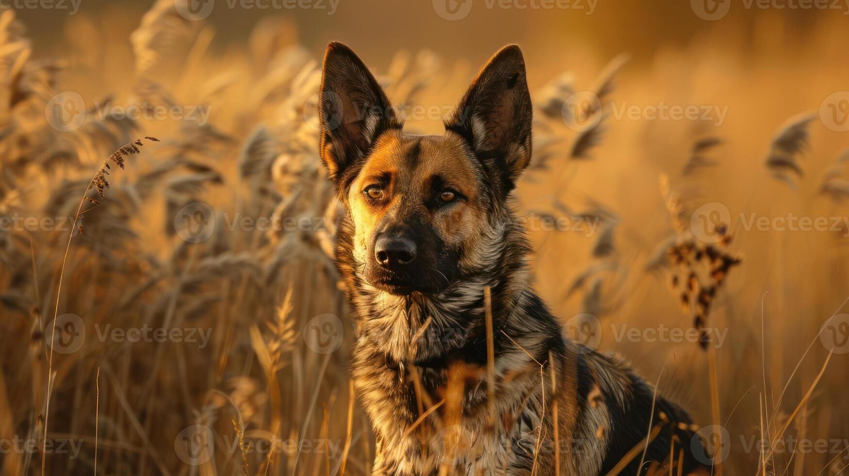 An adorable, alert dog sits in the wild during a beautiful sunset. photo