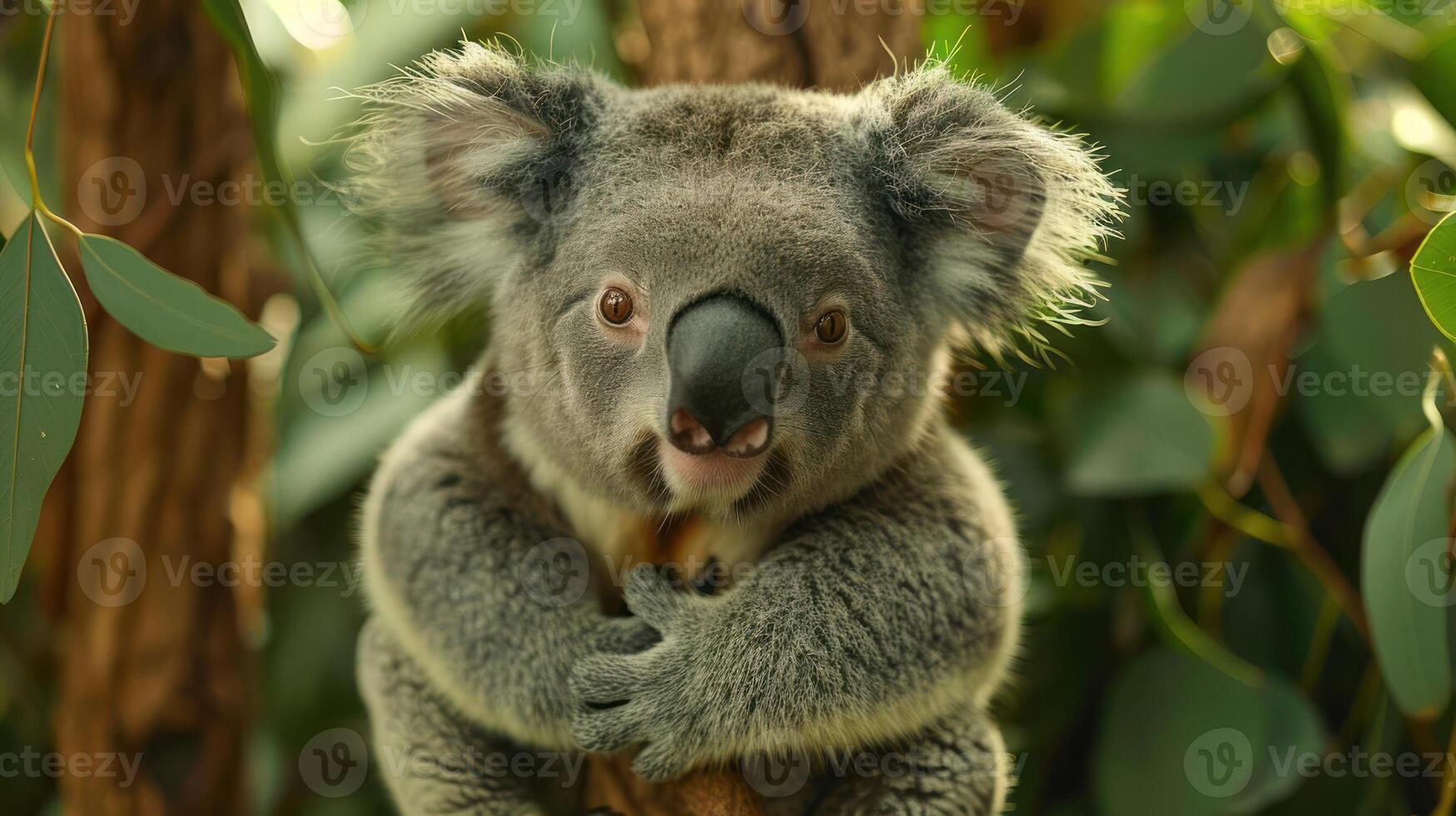 A koala sitting on a branch, peeking out from behind the leaves, surrounded by foliage. photo