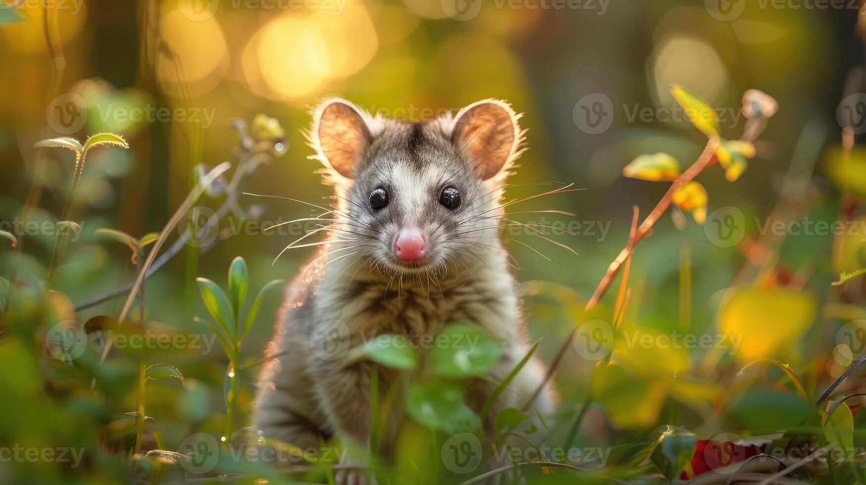 An adorable possum peeks out from a forest floor, its eyes full of curiosity and adventure. photo