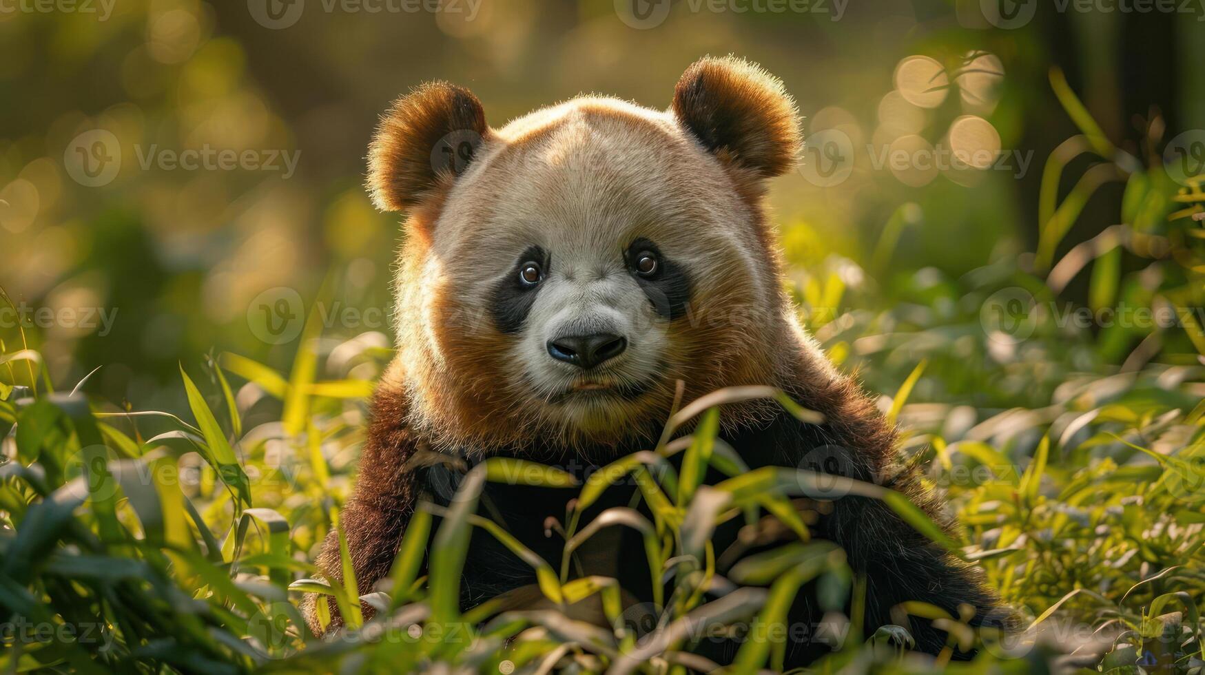 A cute and curious young bear peeks out from tall grasses, photo