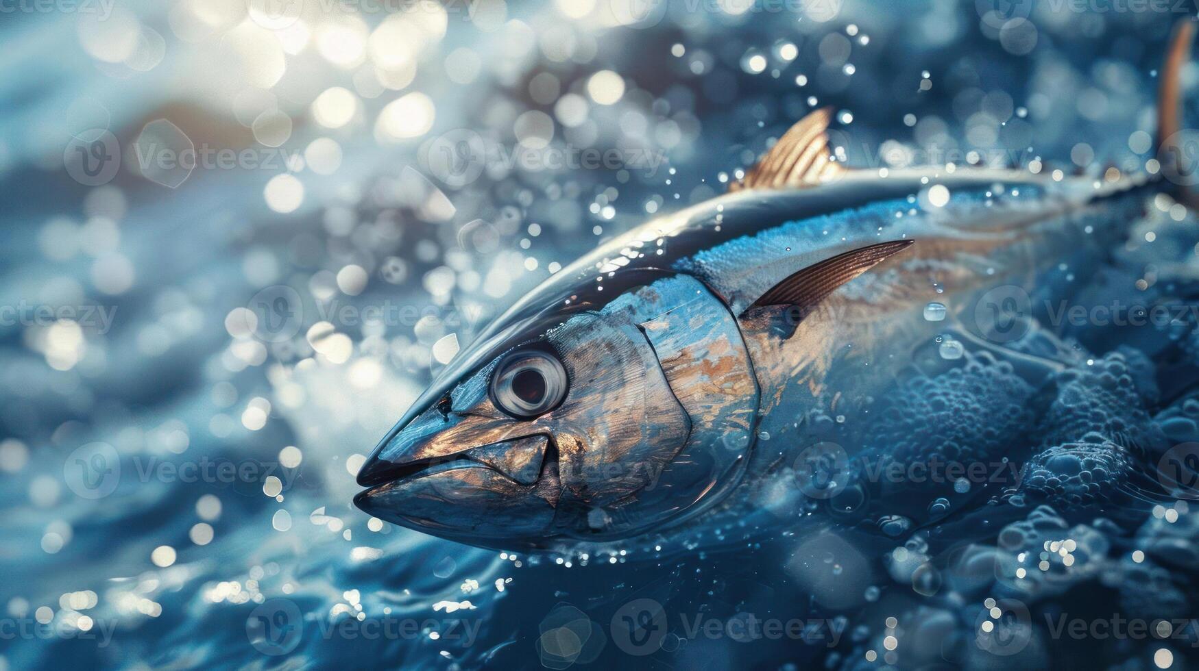 A large tuna fish leaping out of ocean waters, captured mid-jump with a splash of water around. photo