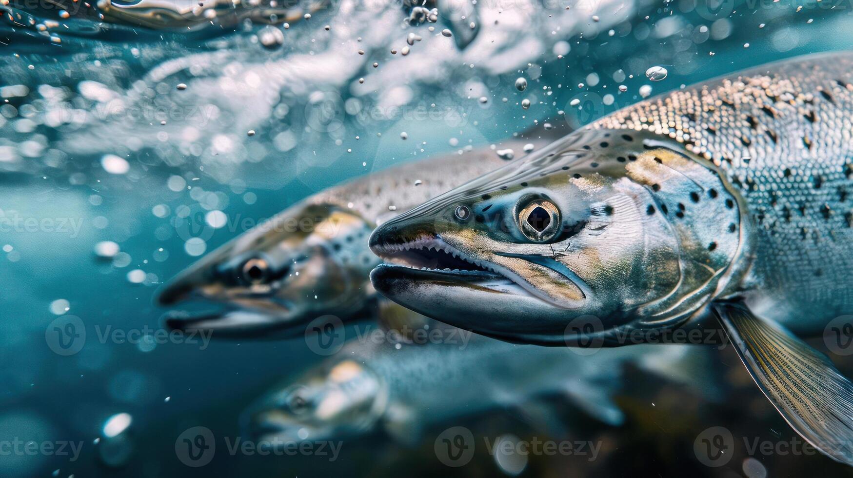A captivating image showcasing a vibrant scene of salmon leaping out of the water, photo