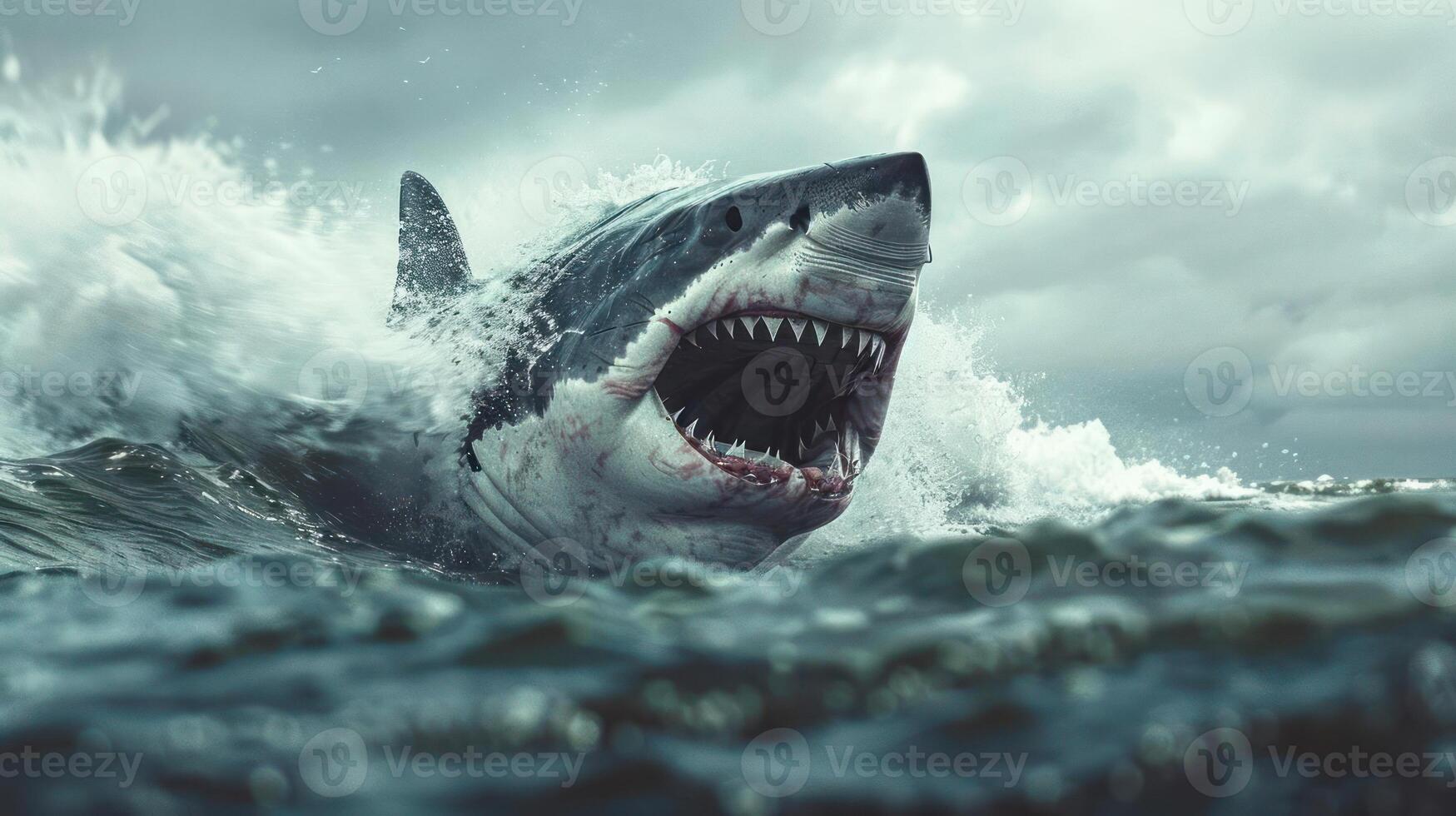 a large shark with open mouth and a fierce expression, photo