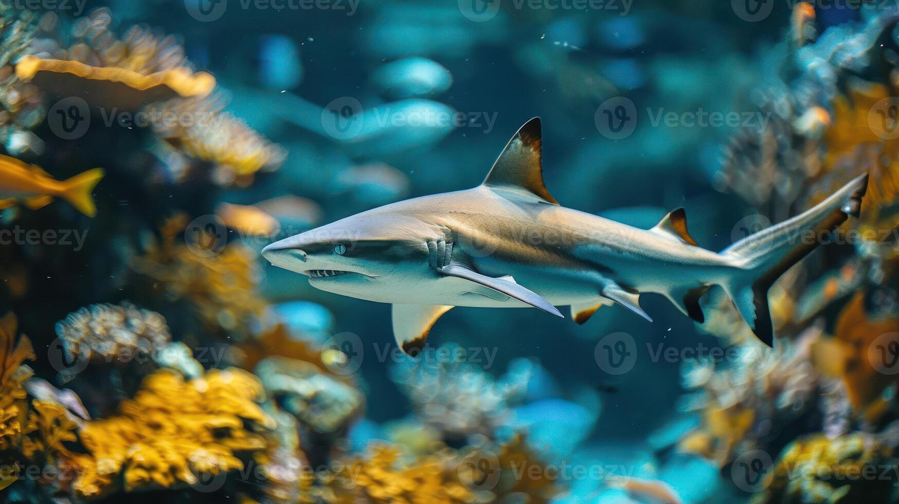 Sharp image of a jagged tooth shark swimming near colorful corals and sea fans. photo