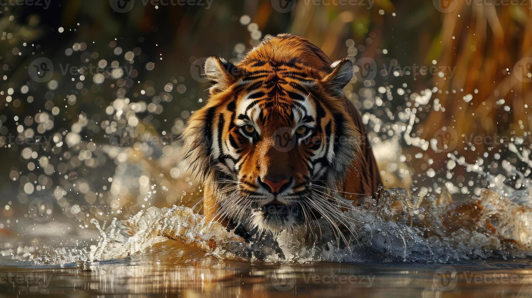 A majestic tiger with its mouth open, swimming in a river during the daytime. photo