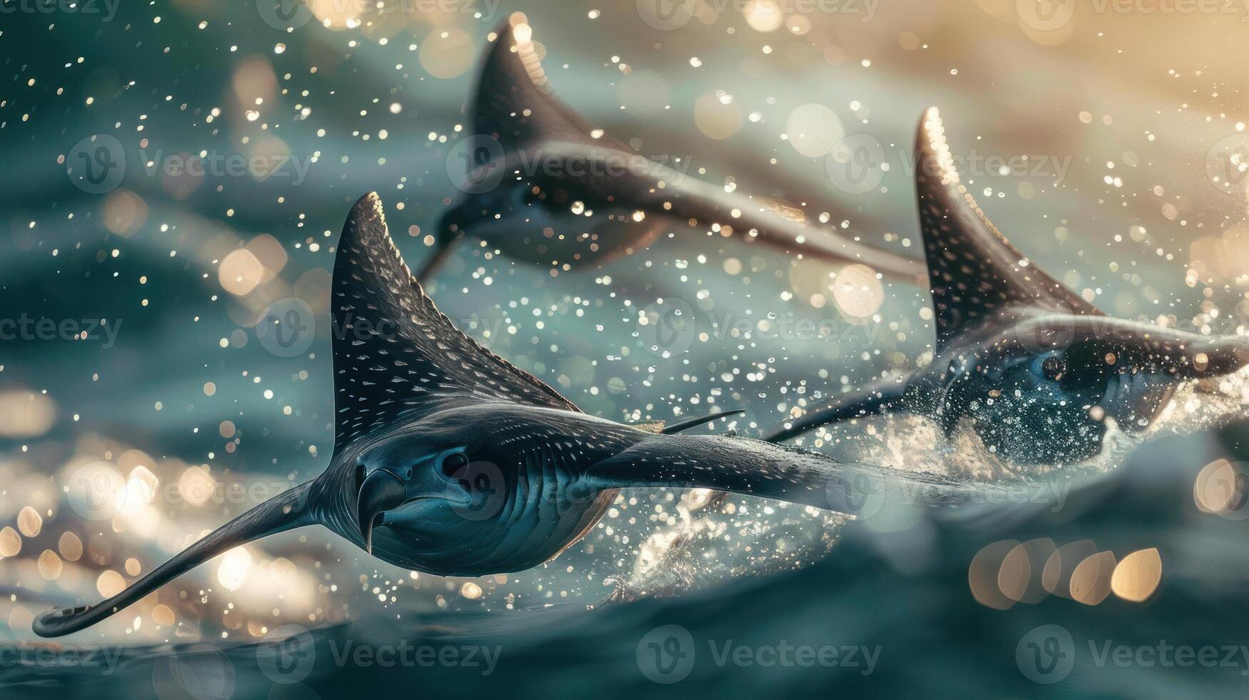 A group of whale sharks in motion, with sparkling droplets around them, photo